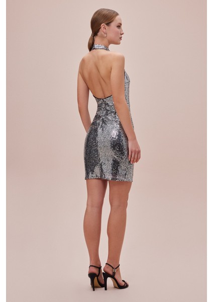 Silver Halter Yaka Mini Elbise