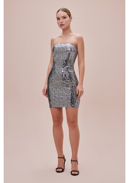 Straplez Payet Işlemeli Silver Mini Elbise