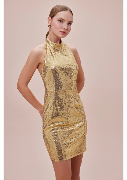 Gold Halter Yaka Mini Elbise