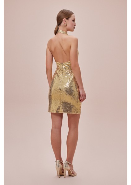 Gold Halter Yaka Mini Elbise