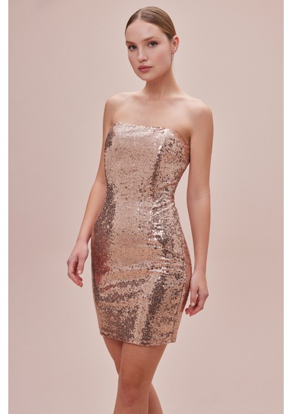 Straplez Payet Işlemeli Rose Gold Mini Elbise