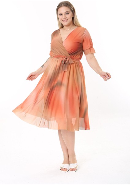 Kruvaze Yaka Büyük Beden Kısa Kol Elbise 30A-2530