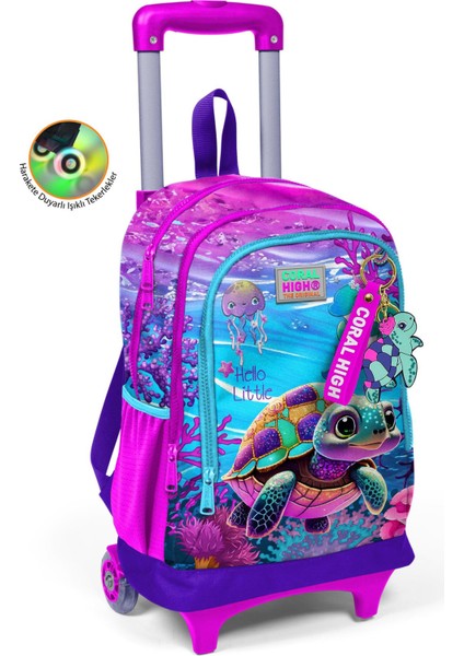 Kids Pembe Mor Kaplumbağa Desenli Üç Bölmeli Çekçekli Okul Sırt Çantası 23956