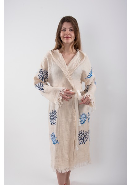 Peştemal Bornoz Pareo Pamuklu Plaj Mercan Hayat Ağacı Desenli 1 Adet Unisex Beachwear Kimono Kaftan