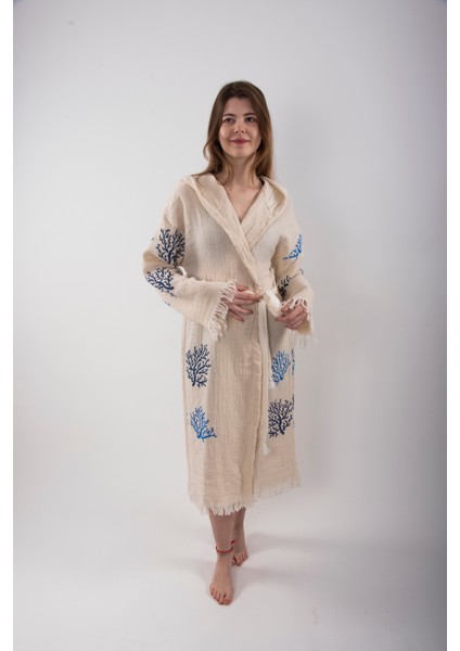 Peştemal Bornoz Pareo Pamuklu Plaj Mercan Hayat Ağacı Desenli 1 Adet Unisex Beachwear Kimono Kaftan