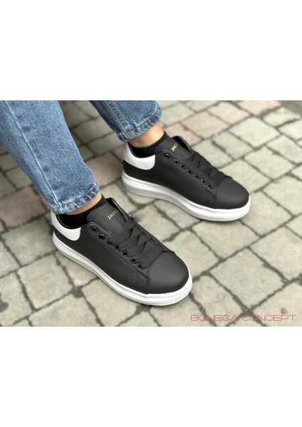 Yüksek Taban Günlük Spor Sneaker Ayakkabı Siyah -Beyaz