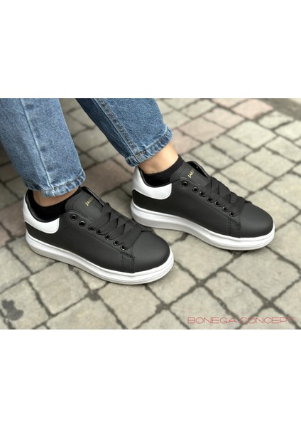 Yüksek Taban Günlük Spor Sneaker Ayakkabı Siyah -Beyaz