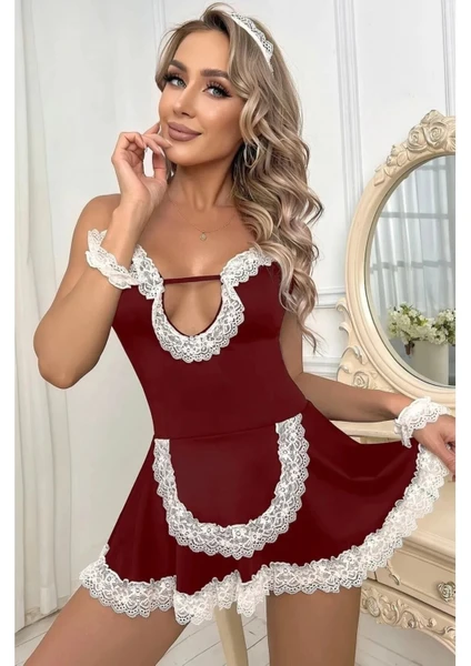 Sialess Lingerie Kadın  Dantel Güpürlü Etekli Hizmetçi Fantazi Kostümü K-8127