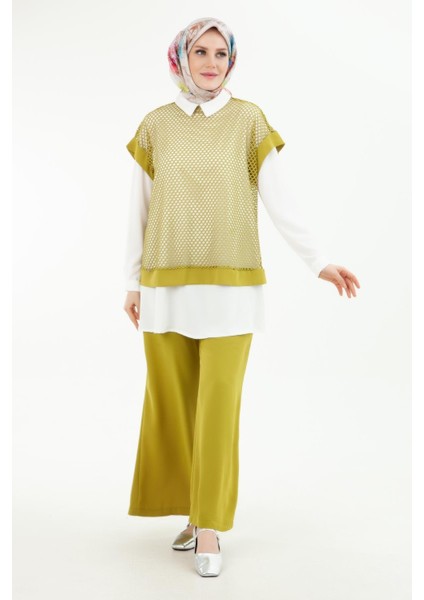 Beli Lastikli Pantolonlu Basic Gömlekli Fileli Üçlü Takım Yağ Yeşili 24YT633