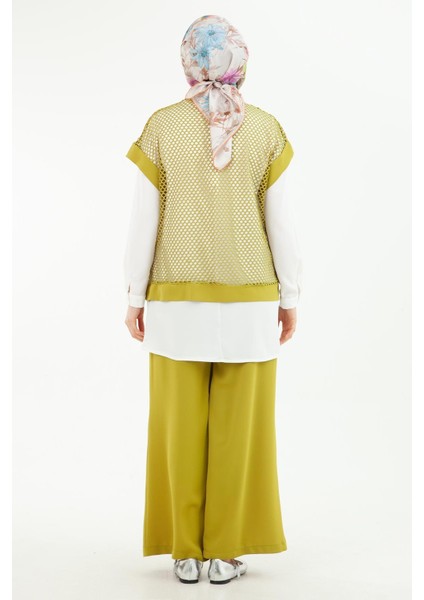 Beli Lastikli Pantolonlu Basic Gömlekli Fileli Üçlü Takım Yağ Yeşili 24YT633
