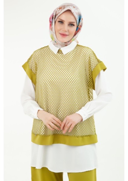 Beli Lastikli Pantolonlu Basic Gömlekli Fileli Üçlü Takım Yağ Yeşili 24YT633