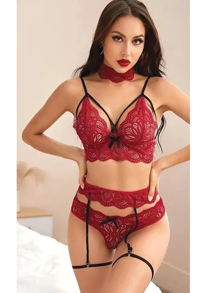 Sialess Lingerie Bordo Jartiyer Takım Siyah Bacak Bantlı J-3116