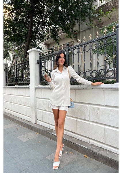 2'li Piliseli Gömlek Şort Taş Takım