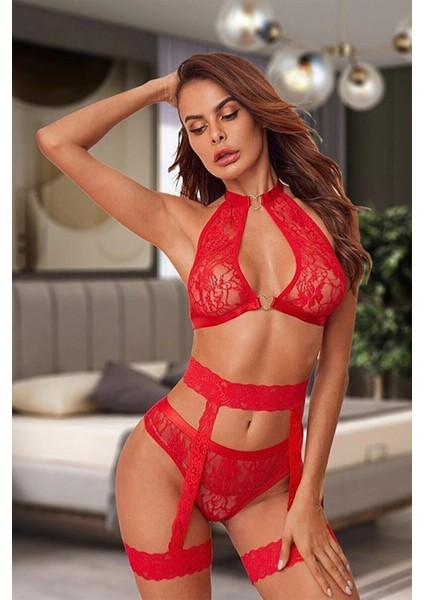 Sialess Lingerie Kadın Kırmızı  Bacak Bantlı Jartiyer Takım J-3105