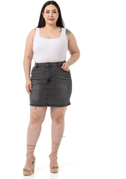 Büyük Beden Taşlama Detaylı Beş Cepli Antrasit Mini Denim Etek