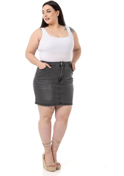 Büyük Beden Taşlama Detaylı Beş Cepli Antrasit Mini Denim Etek
