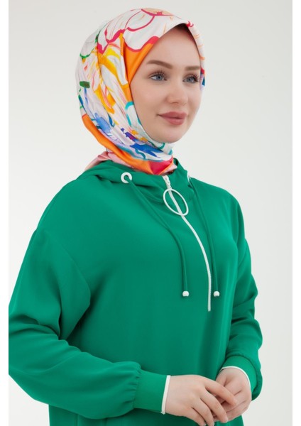 Armine Trend Kolları Ribanalı Kapüşonlu Yarım Fermuarlı Tunik Benetton Yeşili 24YT461