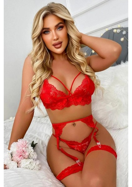 Sialess Lingerie Kadın Kırmızı Şık  Jartiyer Takım J-3110