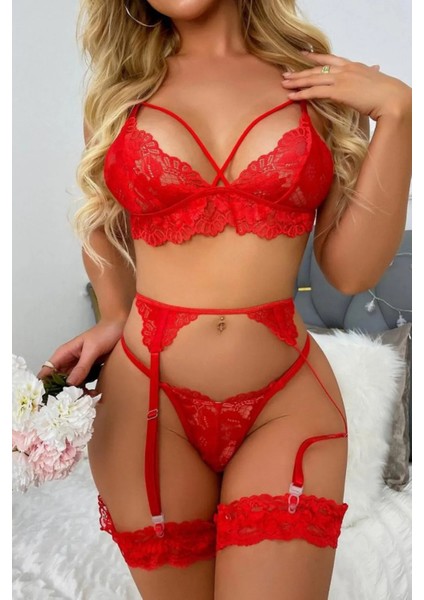 Sialess Lingerie Kadın Kırmızı Şık  Jartiyer Takım J-3110