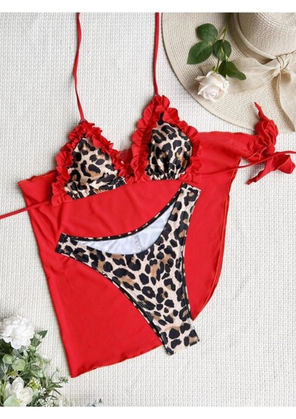 Sialess Lingerie Kırmızı Leopar Tül Detaylı Mayo Takım K-8133