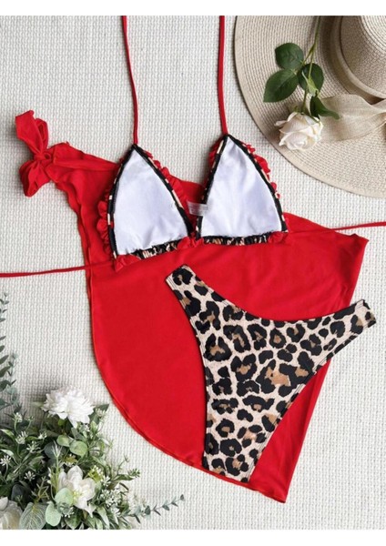 Sialess Lingerie Kırmızı Leopar Tül Detaylı Mayo Takım K-8133