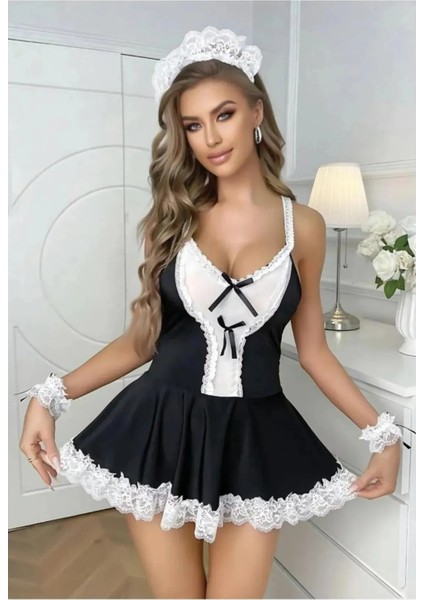 Sialess Lingerie  Fantazi Hizmetçi Kostümü Fantazi Kostüm Siyah Gece Kostümü K-8121