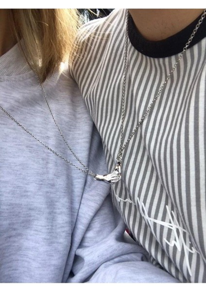 Gümüş Renk Mıknatıslı El Ele Çift Kolyesi