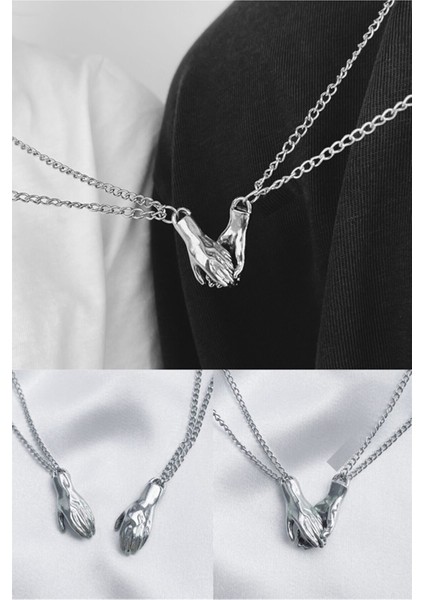 Gümüş Renk Mıknatıslı El Ele Çift Kolyesi fiyatları