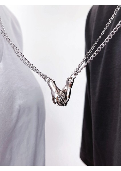 Gümüş Renk Mıknatıslı El Ele Çift Kolyesi modelleri