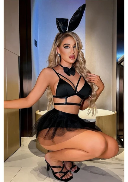 Sialess Lingerie Kadın  Siyah 4 Parça Papyonlu Kulaklı Fantazi Kostüm K-8107