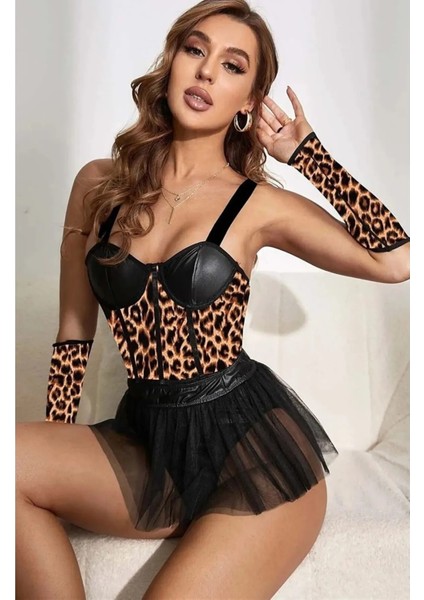 Sialess Lingerie Siyah Korse Tül Etek ve Leopar Desen Özel Gece Giyim  Fantazi Kostüm Gecelik K-8122