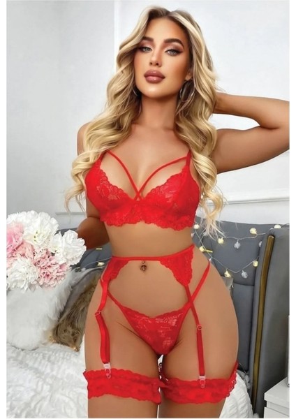 Sialess Lingerie Kırmızı Dantel Jartiyer Takım Çoraplı J-3110