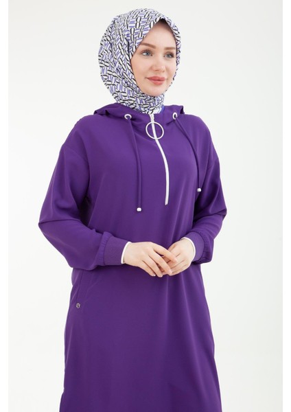 Kolları Ribanalı Kapüşonlu Yarım Fermuarlı Tunik Mor 24YT461 fiyatları