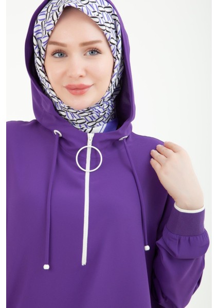 Kolları Ribanalı Kapüşonlu Yarım Fermuarlı Tunik Mor 24YT461 modelleri
