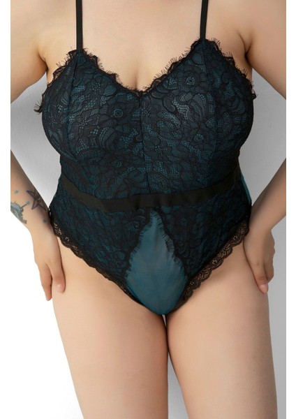 Büyük Beden Babydoll Gecelik Dantel Yeşil Tül Detaylı M-9403