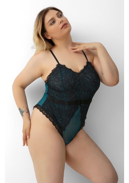 Büyük Beden Babydoll Gecelik Dantel Yeşil Tül Detaylı M-9403