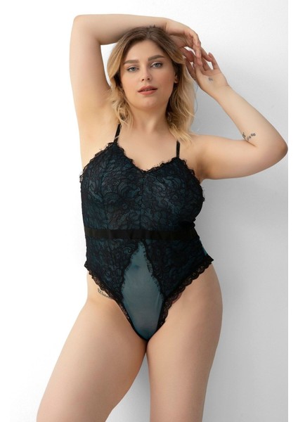 Büyük Beden Babydoll Gecelik Dantel Yeşil Tül Detaylı M-9403