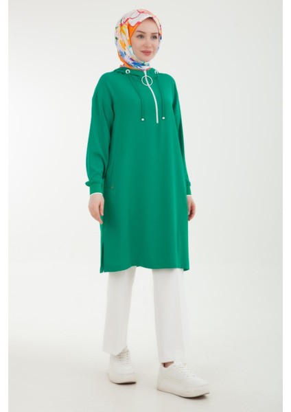 Kolları Ribanalı Kapüşonlu Yarım Fermuarlı Tunik Benetton Yeşili 24YT461 fiyatları