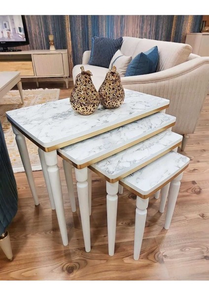 4lü Lüx Zigon Sehpa Beyaz Mermer Gold