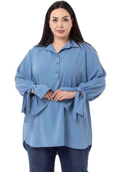 Büyük Beden Kolları Bağlama Detaylı Mavi Gömlek
