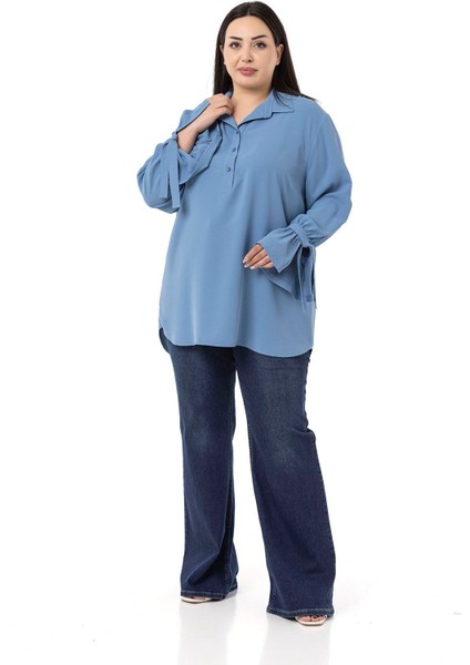 Büyük Beden Kolları Bağlama Detaylı Mavi Gömlek fiyatları