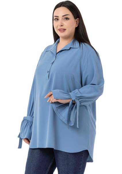 Büyük Beden Kolları Bağlama Detaylı Mavi Gömlek fırsatları