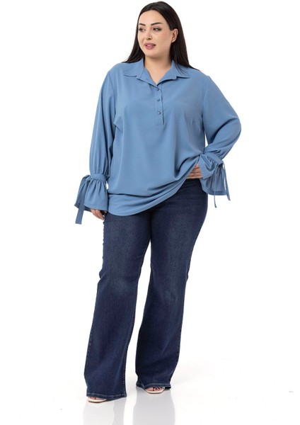 Büyük Beden Kolları Bağlama Detaylı Mavi Gömlek indirimleri
