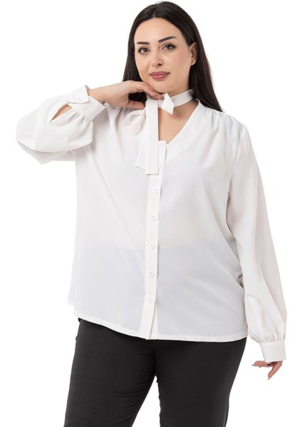 Büyük Beden Boyundan Bağlama Detaylı Manşetli Beyaz Gömlek