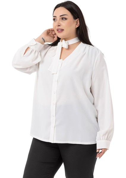 Büyük Beden Boyundan Bağlama Detaylı Manşetli Beyaz Gömlek fırsatları