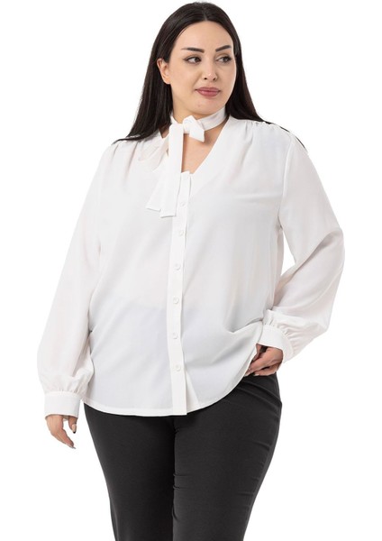 Büyük Beden Boyundan Bağlama Detaylı Manşetli Beyaz Gömlek indirimleri