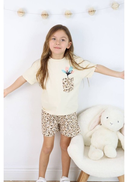 Kız Çocuk Cep Detaylı Dokuma Şortlu Takım