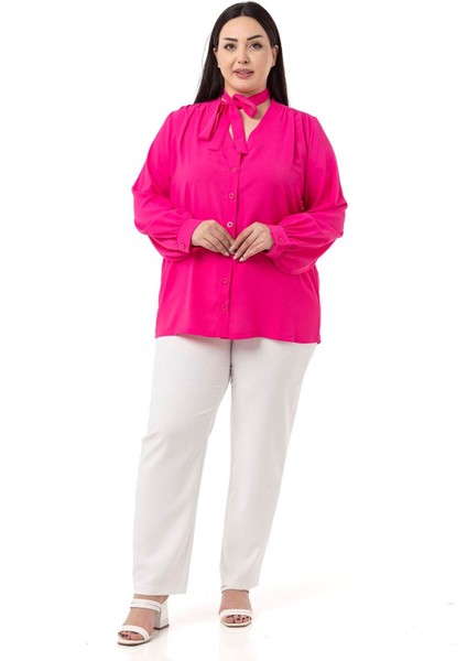 Büyük Beden Boyundan Bağlama Detaylı Manşetli Fuşya Gömlek fiyatları