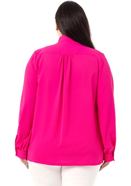 Büyük Beden Boyundan Bağlama Detaylı Manşetli Fuşya Gömlek modelleri