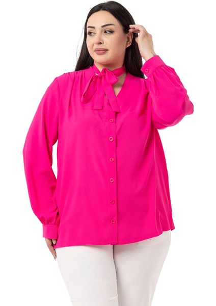 Büyük Beden Boyundan Bağlama Detaylı Manşetli Fuşya Gömlek indirimleri